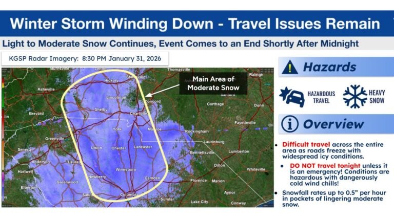 South Carolina Winter Storm Winds Down as Snow Shifts East, Icy Travel Risks Persist Into Late Night
