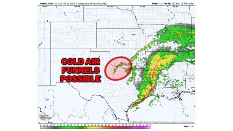 Texas and Oklahoma Face Rare Cold Air Funnels as Gulf Storm System Races East With Severe Weather Threat