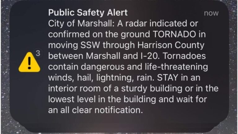 Tornado Confirmed Near Marshall, Texas as Harrison County Placed Under Urgent Public Safety Alert