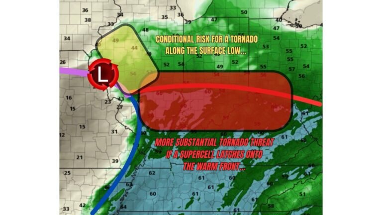 Tornadoes Possible Along I-70 East of Effingham, Illinois as Midwest Warm Front Setup Raises Conditional Strong Risk