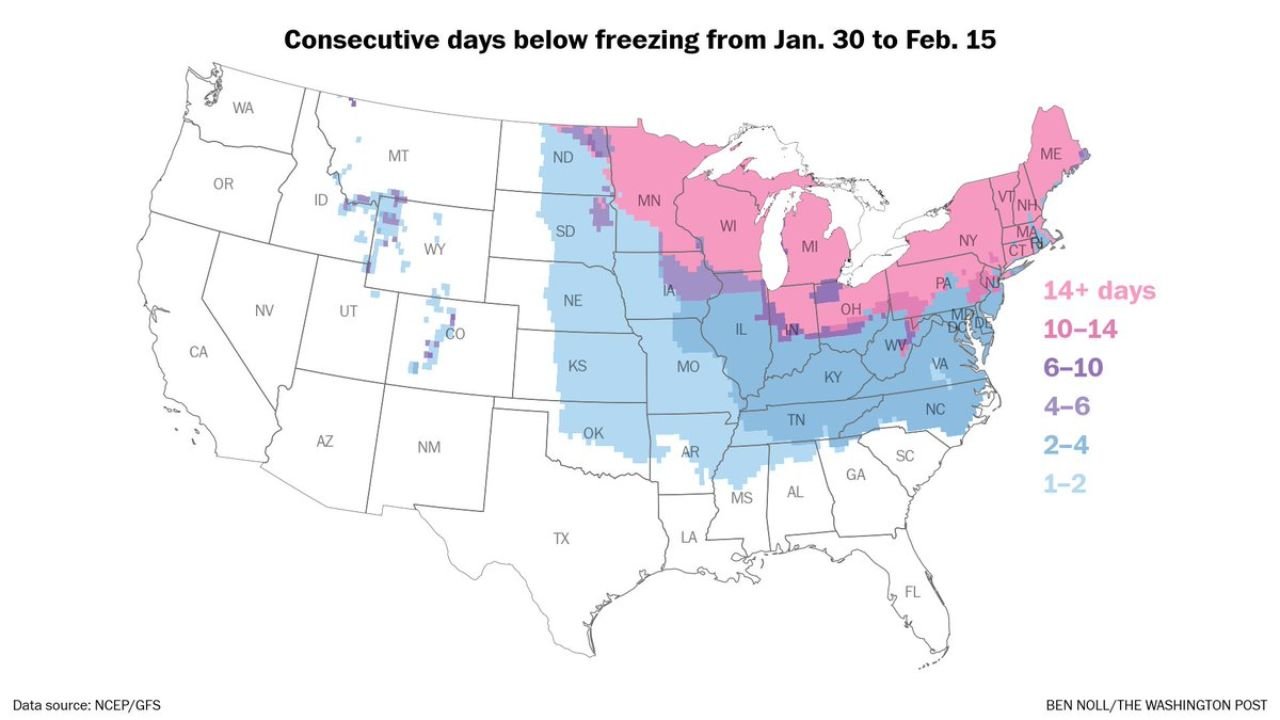 United States Faces Prolonged February Freeze as Large Swath of the Country Stays Below Freezing for Up to Two Weeks