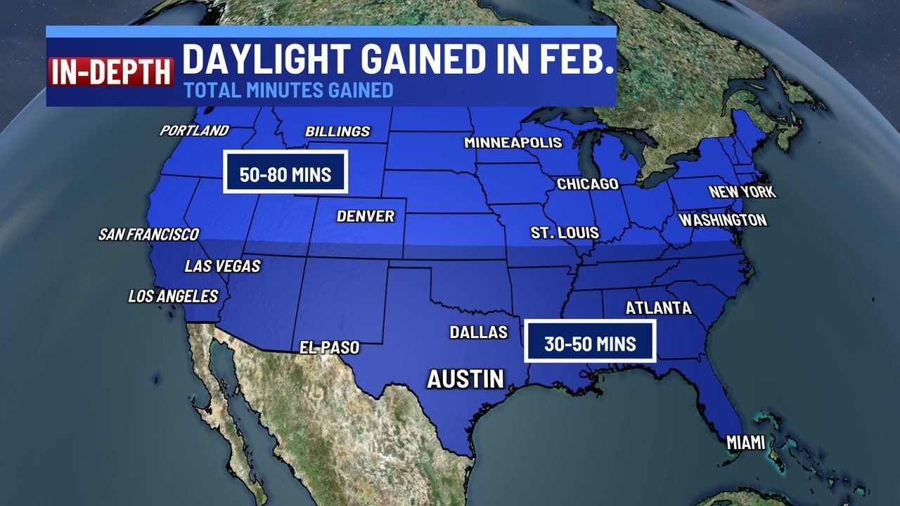 United States Gains Significant Daylight in February as Illinois, Texas, and Midwest See Noticeable Evening Light Increase