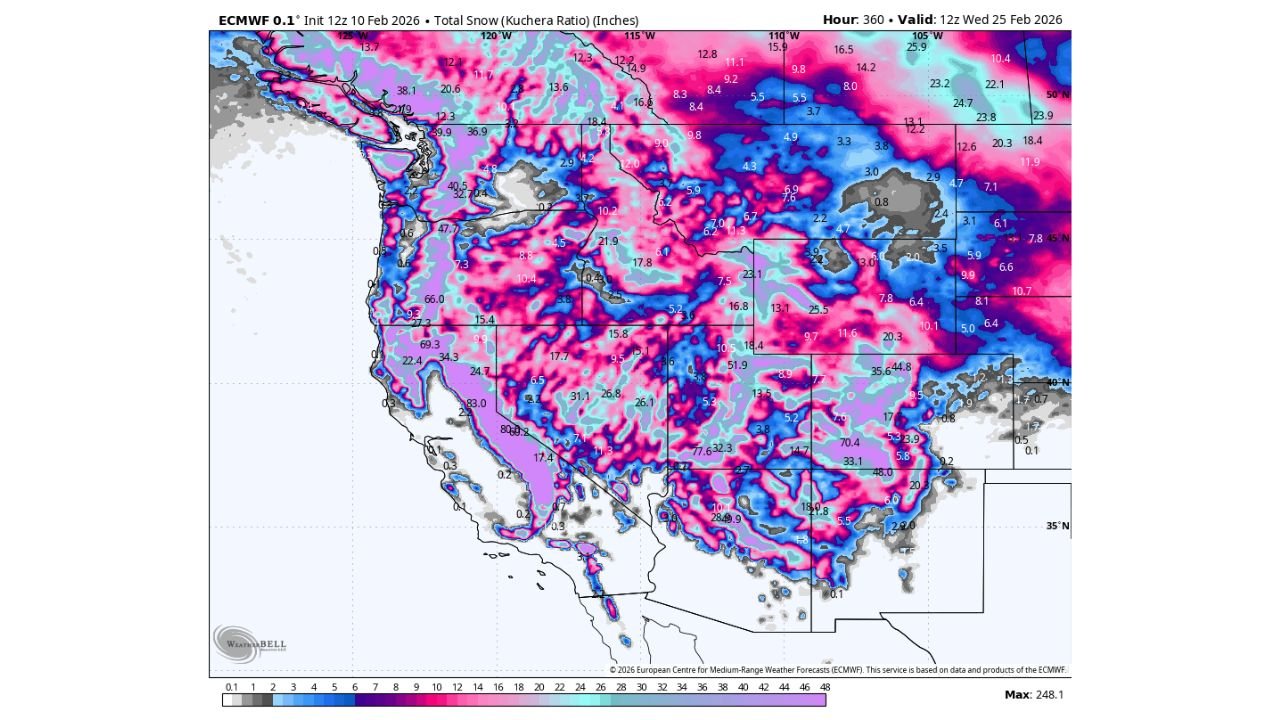 Western U.S. Snowstorm Parade Could Bury Sierra Nevada in Over 6 Feet While Rockies and Cascades Stack Up Through February 25