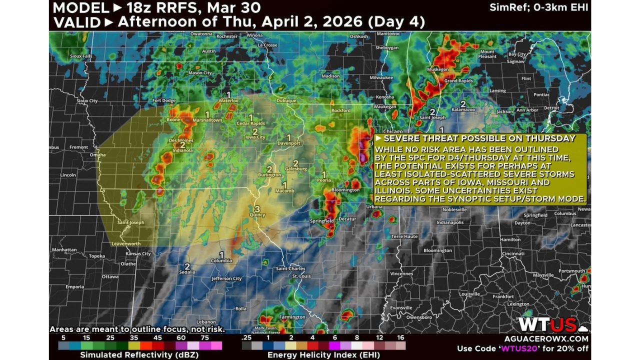 Iowa, Missouri and Illinois Face a Growing Severe Weather Threat Thursday April 2 as Model Data Highlights an Active Storm Corridor From Des Moines Through Chicago and Into St. Louis