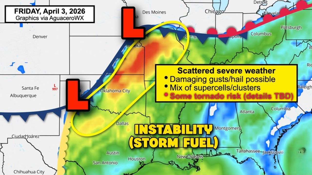 Friday April 3 Brings Scattered Severe Weather Across Kansas, Oklahoma and Missouri as an Elongated Low Pressure System Sets Up From the Texas Panhandle to Omaha With Damaging Winds, Hail and a Tornado Risk All on the Table