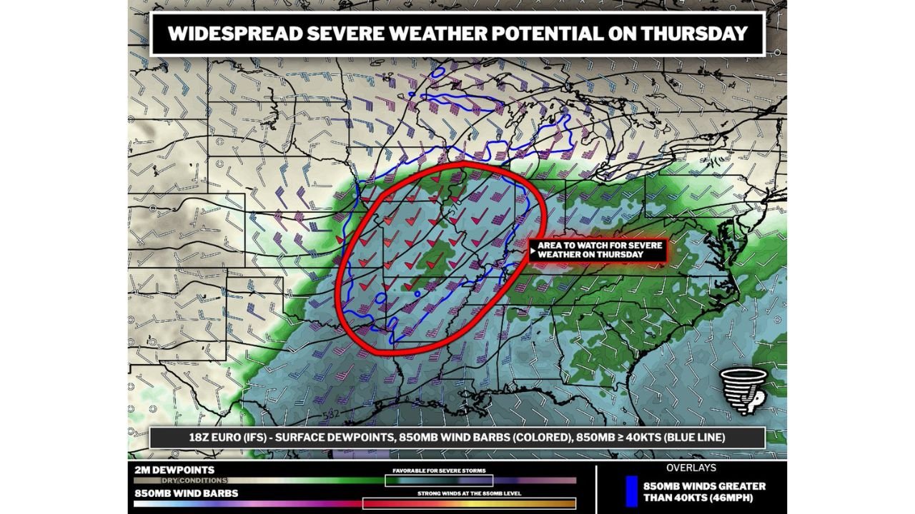 Widespread Severe Weather Is Expected Across Iowa, Missouri, Illinois and Indiana on Thursday With Large Hail and Damaging Winds the Primary Threats and a Few Tornadoes Possible Across the Northern Part of the Risk Zone