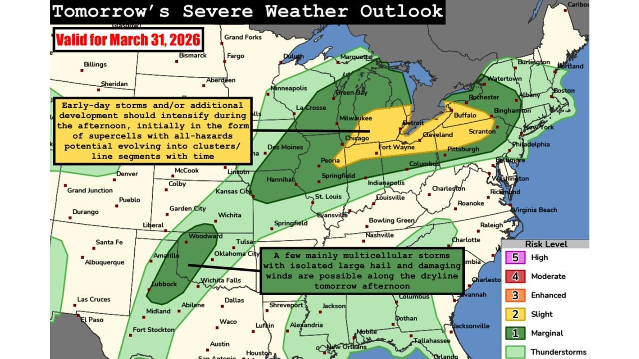 Chicago, Detroit and Cleveland Face a Slight Risk of Severe Weather Today March 31 as Supercells Fire This Afternoon Before Transitioning Into a Damaging Wind Threat Across the Midwest and Great Lakes