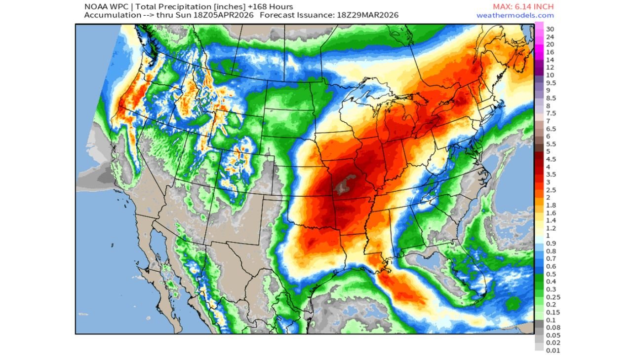 A Massive Moisture Pipeline Is Now Connecting the Atlantic Ocean to the Gulf Coast and Midwest With Up to 6 Inches of Rainfall Possible Across Missouri, Illinois, Indiana and Ohio Through April 5