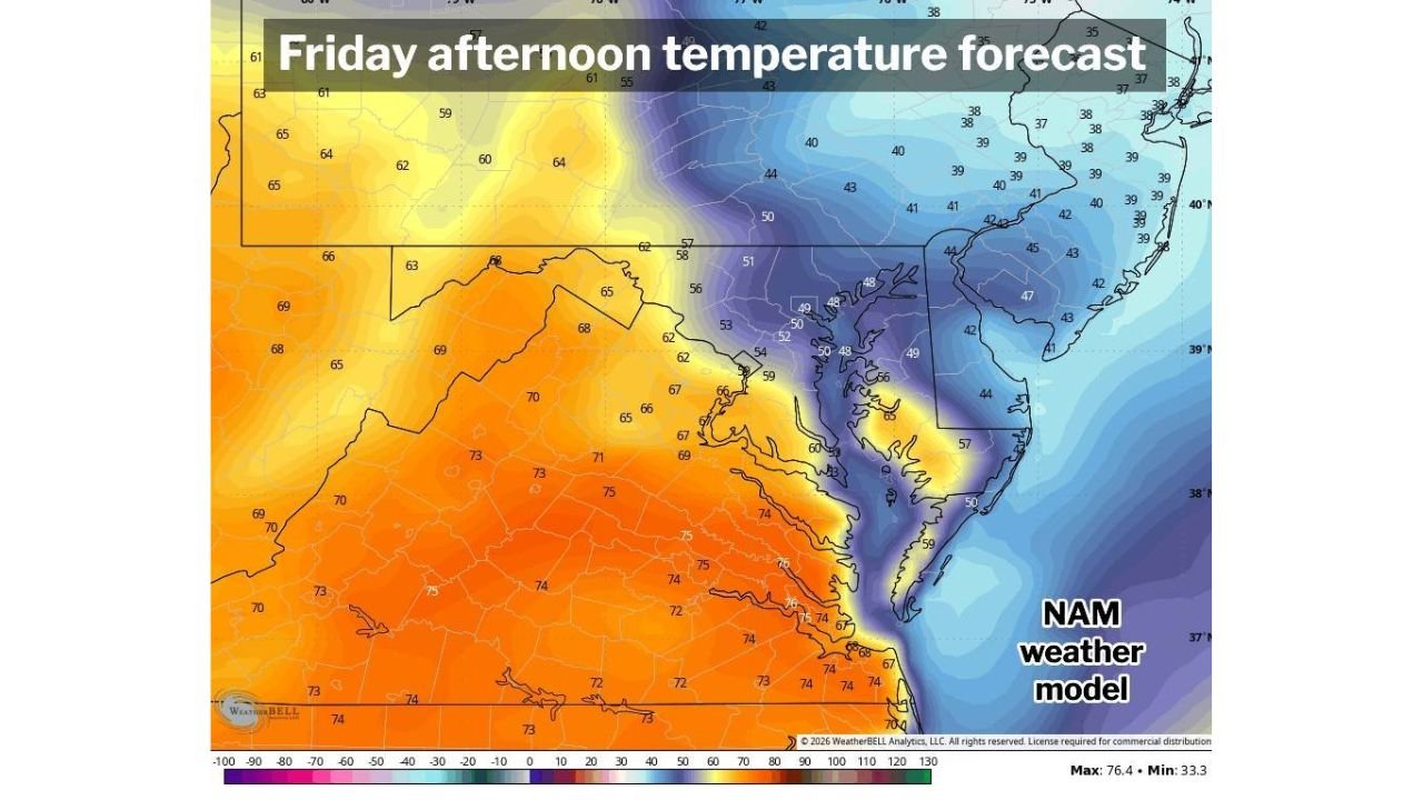 70s to Near 80 Degrees Target Virginia and Maryland by Saturday as Potomac Temperature Divide Keeps Northeast Maryland Cooler Late Week