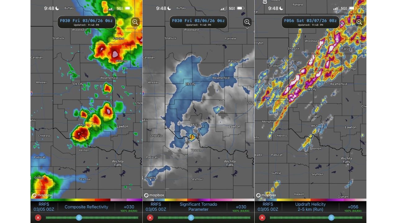 After-Dark Supercell Threat Emerging Along Texas–Oklahoma Border as Storm Models Signal Rotating Storms Near Altus, Vernon, and Lawton