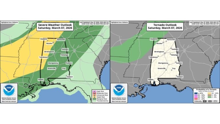 Alabama Thunderstorms Expected Saturday as Northwest Alabama Faces Strong Winds and Hail Risk While Tornado Threat Remains Low
