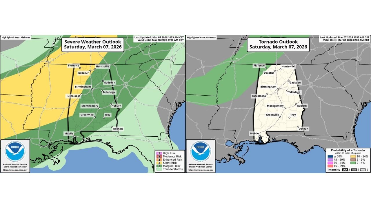 Alabama Thunderstorms Expected Saturday as Northwest Alabama Faces Strong Winds and Hail Risk While Tornado Threat Remains Low