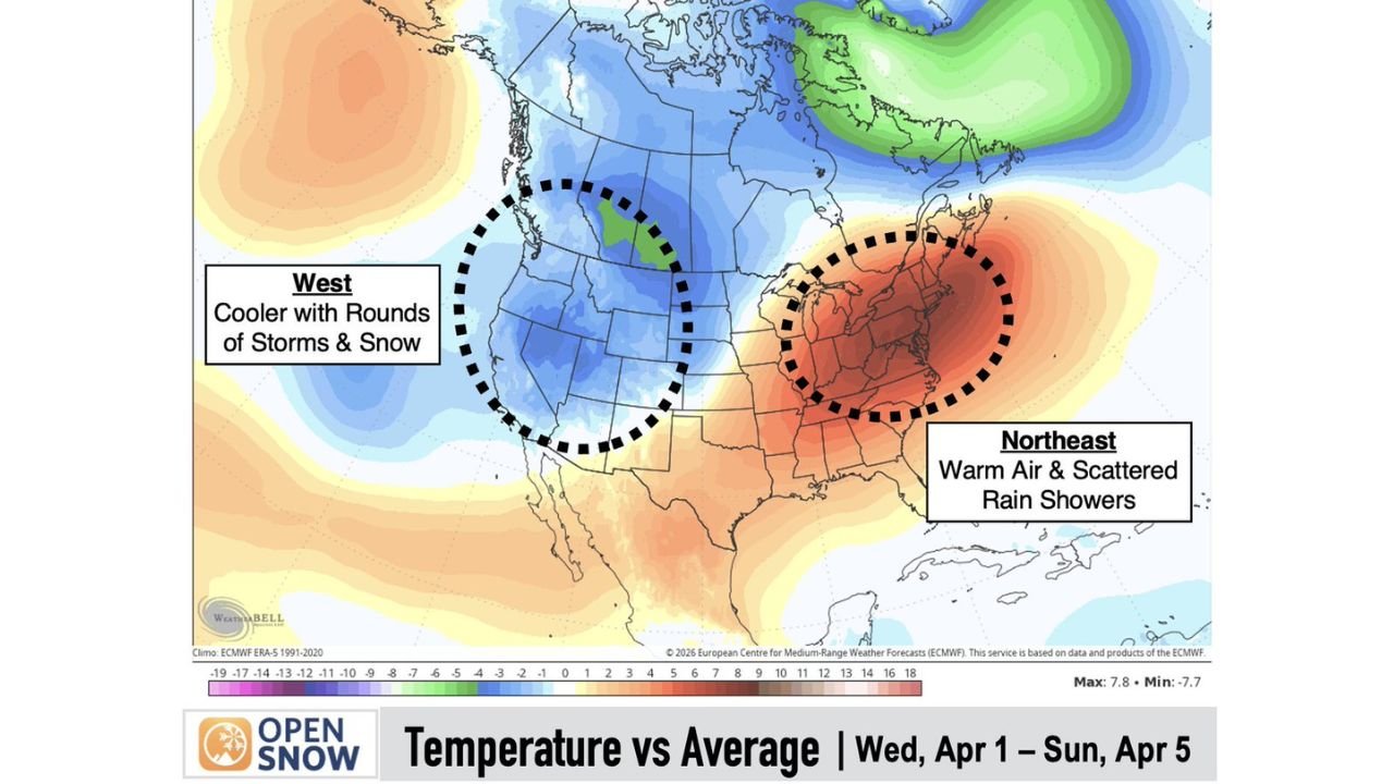 California, Oregon, Washington, Idaho, Montana, Wyoming, Colorado and Utah Turn Colder With Snow Chances While New York, Pennsylvania, Ohio and Mid-Atlantic Warm Up April 1–5