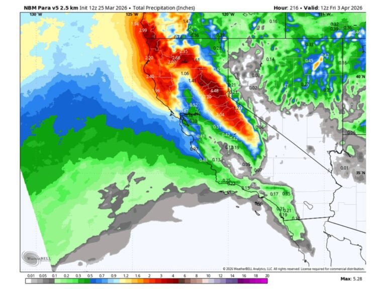 California Sierra Nevada Braces for 1 to 3 Feet of Snow as Late March Storms Turn Wetter and Colder Into Early April