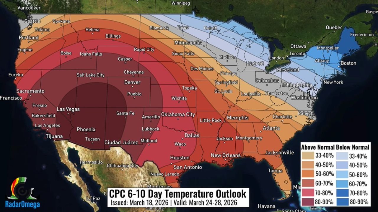 California, Texas, Arizona and Nevada Brace for Intense Heat Surge While New York and New England Turn Cooler in Late March Temperature Split