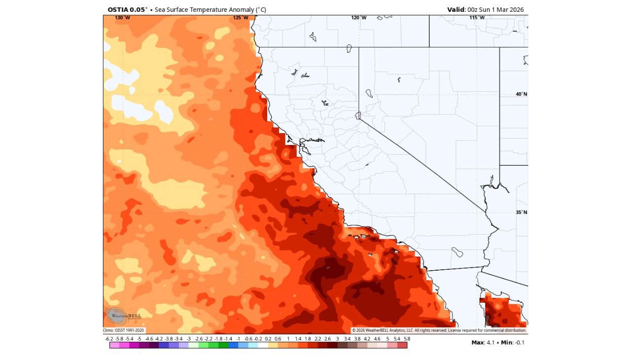 California’s Coast From San Diego to San Francisco Surges 4°C Above Normal as Marine Heatwave Pushes La Jolla Waters to Mid-June Levels