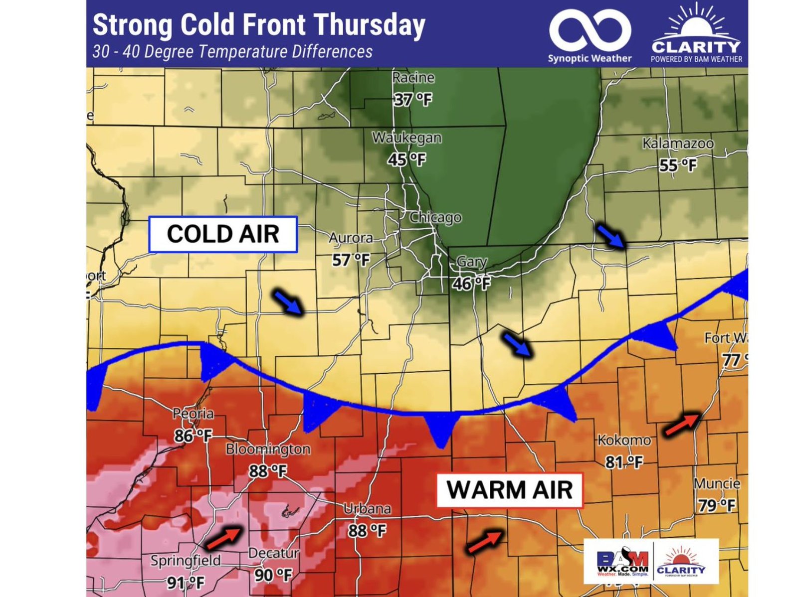 Chicago, Illinois Faces Sharp 30 to 40 Degree Temperature Drop as Powerful Cold Front Splits Midwest Heat Thursday
