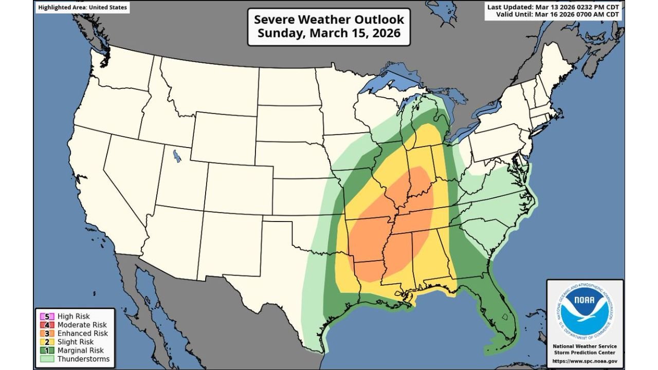 Dangerous Sunday Severe Weather Outbreak Expands Across Illinois, Missouri, Arkansas, Mississippi and Alabama as Enhanced Risk Grows and Squall Line Targets Ohio Valley After Dark