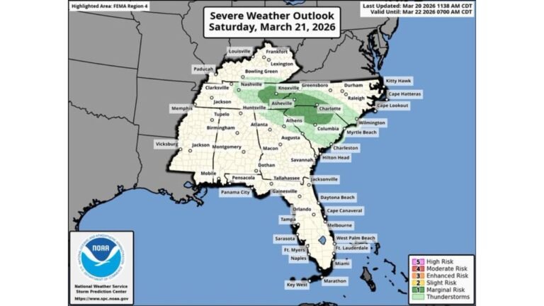 Georgia, South Carolina, and North Carolina Face Isolated Severe Storm Threat as Cold Air Aloft Fuels Hail Risk Saturday Evening