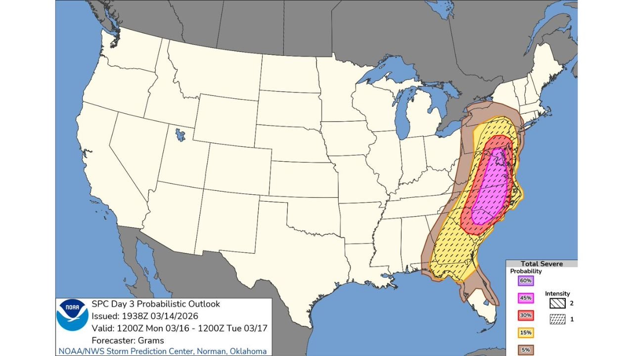 Georgia, South Carolina and North Carolina Face Rare Level 4 Moderate Risk as SPC Signals High-End Wind Damage Threat From Atlanta to Charlotte and Raleigh on Monday