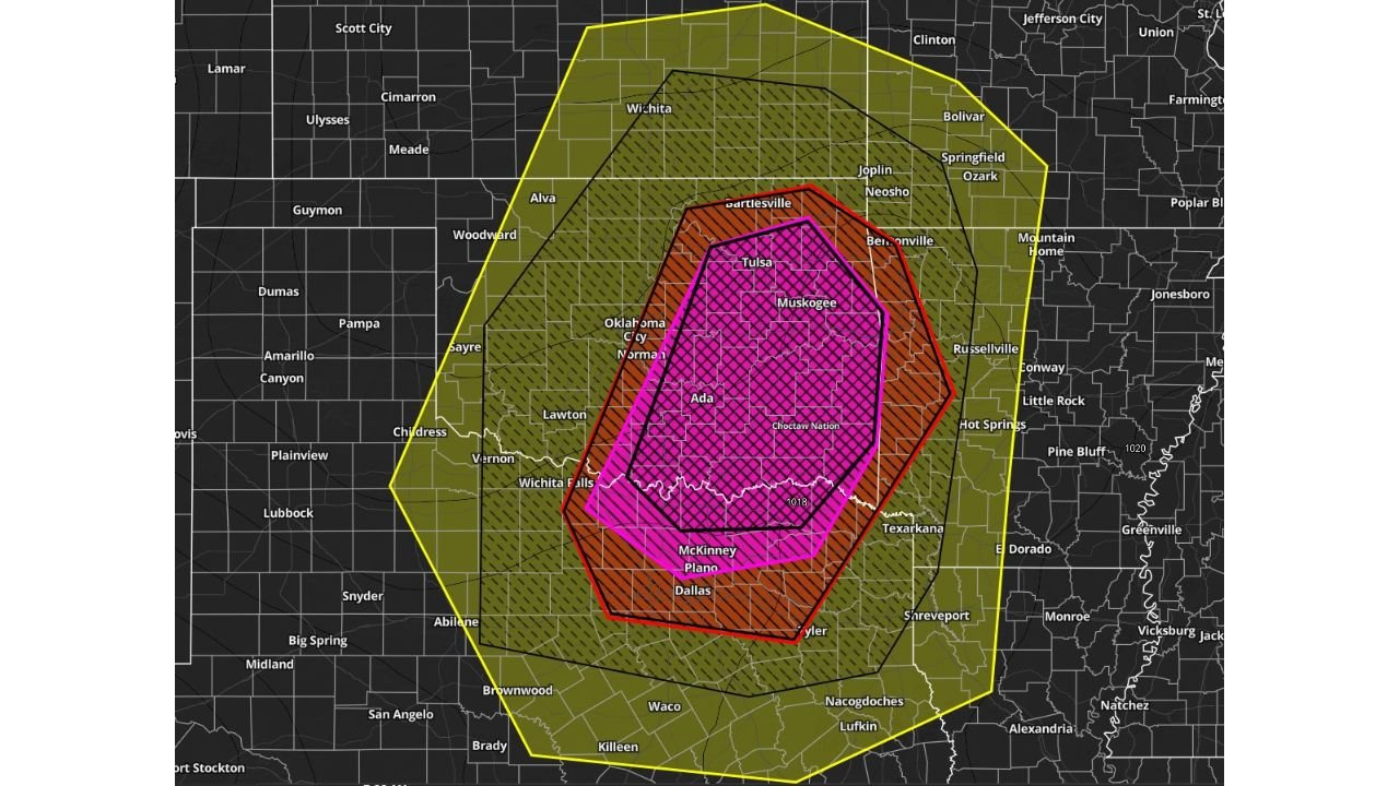 High-End Severe Weather Scenario Targets Dallas, Oklahoma City and Tulsa Under New SPC Hatching Intensity Outlook Concept
