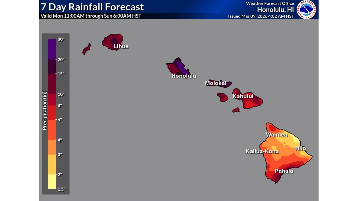 Historic Kona Low Targets Honolulu and Oahu with 13 Inches of Rain, 20–30 Inches in Higher Terrain, and Blizzard Conditions on Hawaii’s Peaks