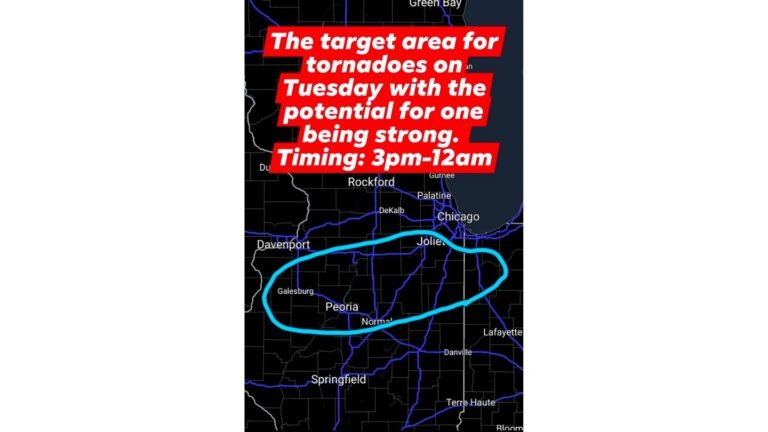 I-80 Corridor from Princeton to Kankakee Targeted for Possible Strong Tornado Tuesday as Lake Breeze Lowers Risk Near Chicago