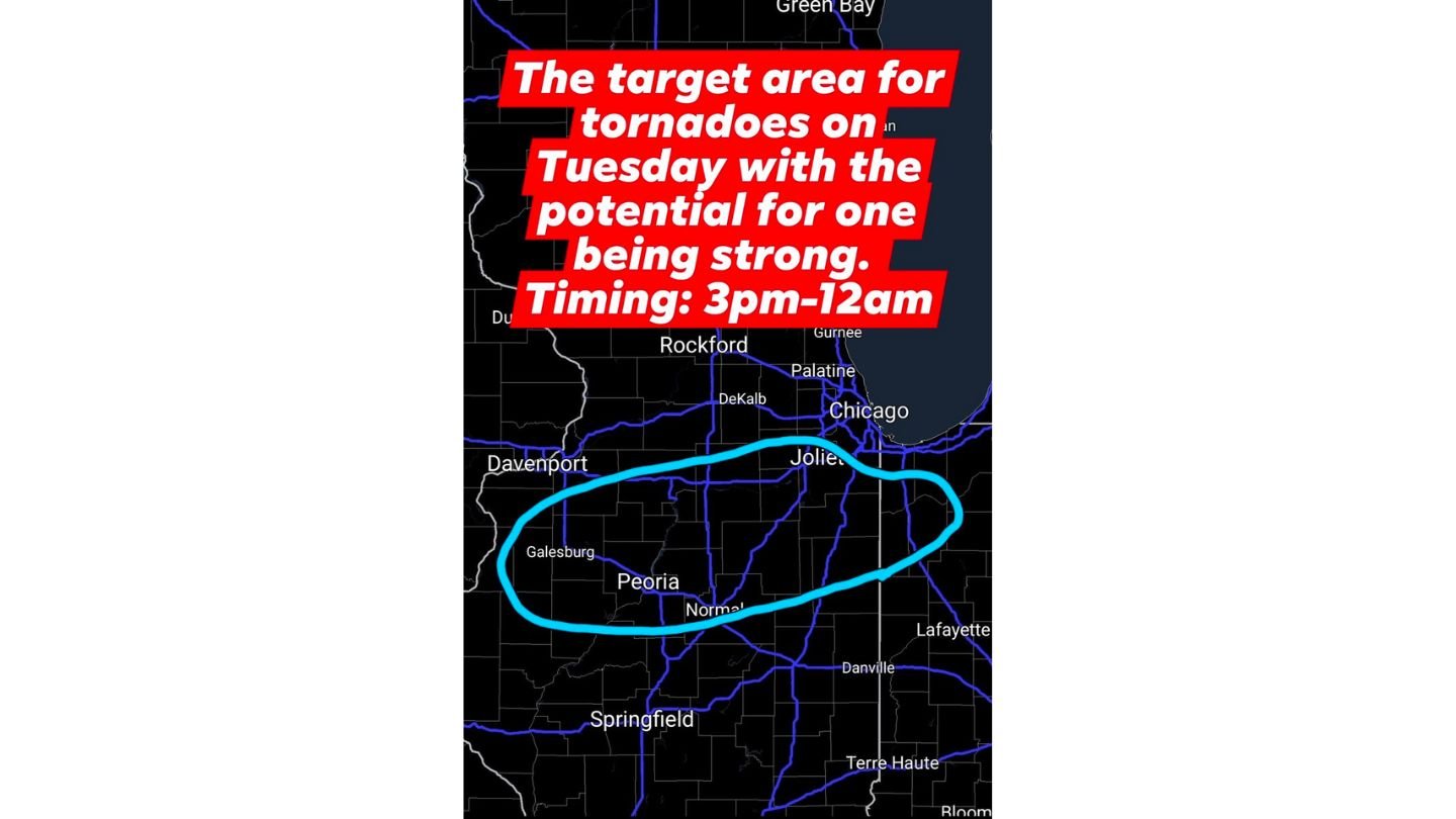 I-80 Corridor from Princeton to Kankakee Targeted for Possible Strong Tornado Tuesday as Lake Breeze Lowers Risk Near Chicago