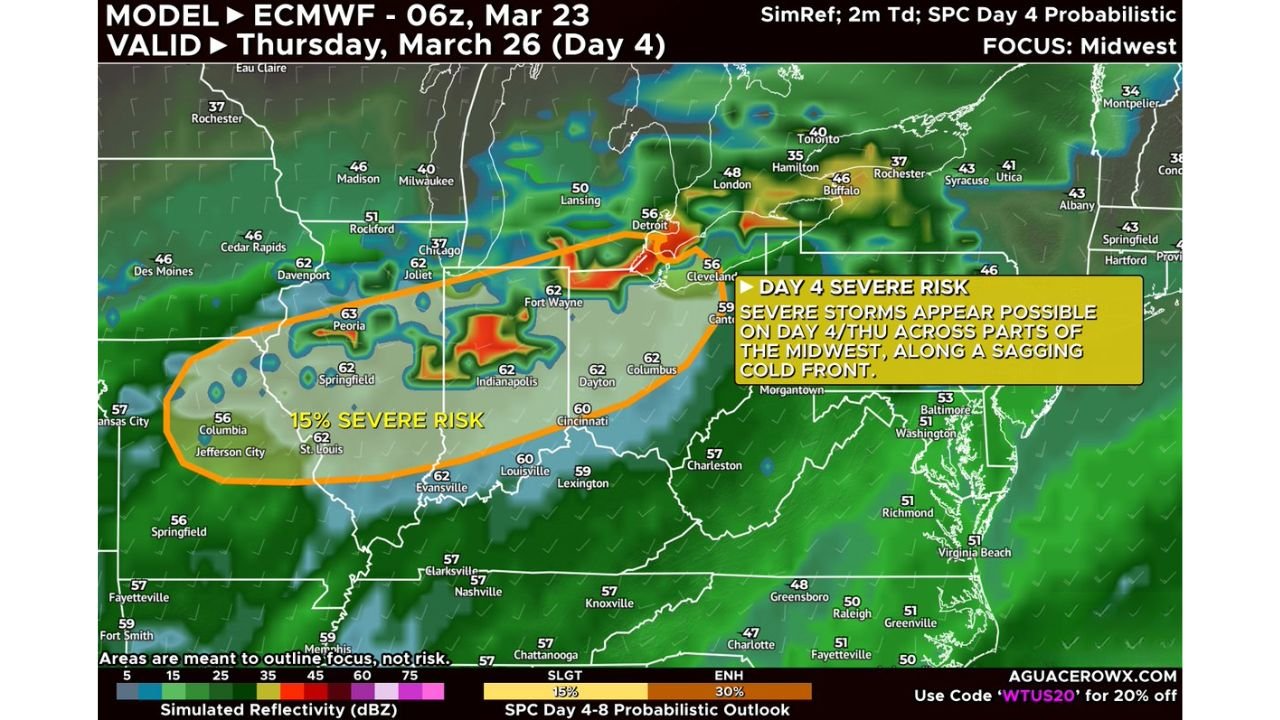 Illinois, Indiana, Missouri and Michigan Included in 15 Percent Severe Storm Risk March 26 as Cold Front Targets Midwest With Supercell Potential