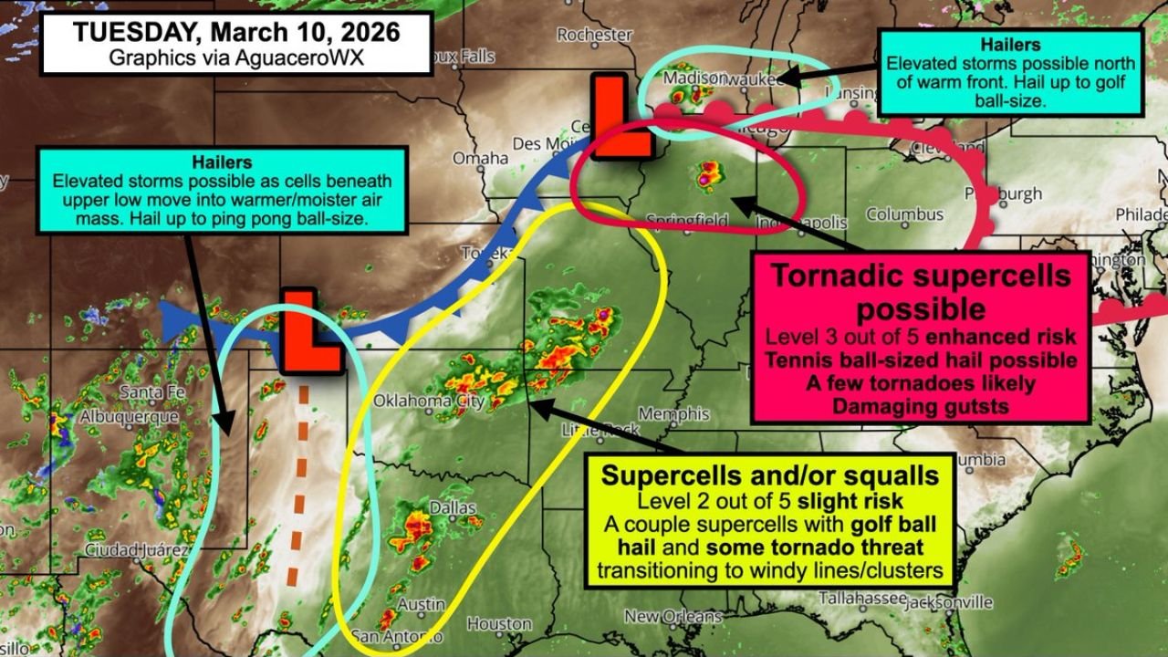 Illinois, Iowa and Missouri Severe Weather Threat Tuesday as Tornadic Supercells and Tennis Ball Size Hail Target Midwest Storm Corridor