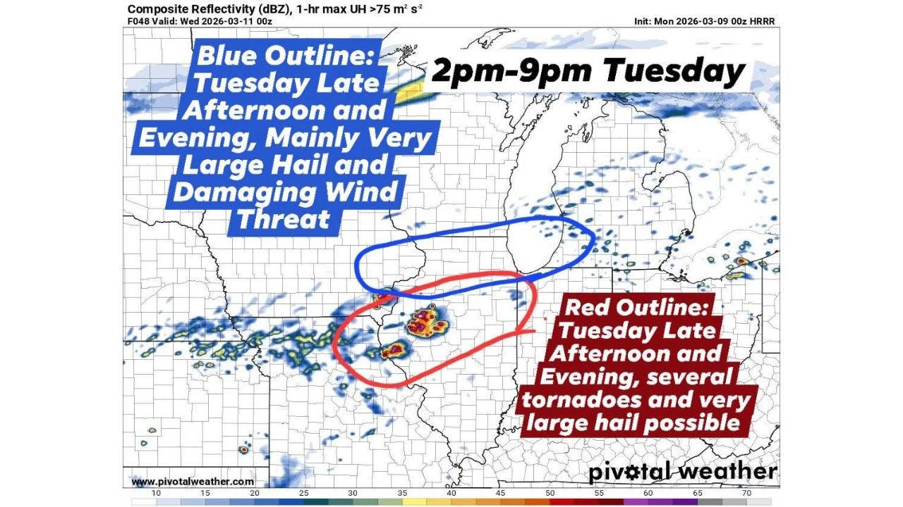 Illinois Severe Storm Threat Tuesday as Tornado Risk Develops South of I-80 and Very Large Hail Threat Targets Northern Illinois