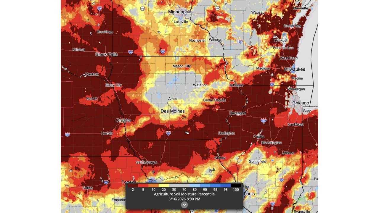 Iowa, Illinois and Wisconsin Show Sharp Soil Moisture Divide as Winter Snowfall Leaves Northern Areas Saturated and Southern Zones Dry Heading Into Spring