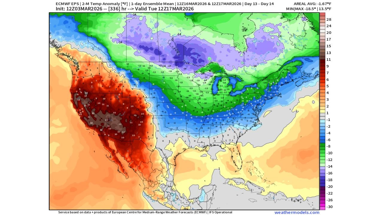Late-March Pattern Flip? ECMWF EPS Signals Expanding Cold Risk Across Midwest, Great Lakes and Northeast While Western U.S. Turns Much Warmer