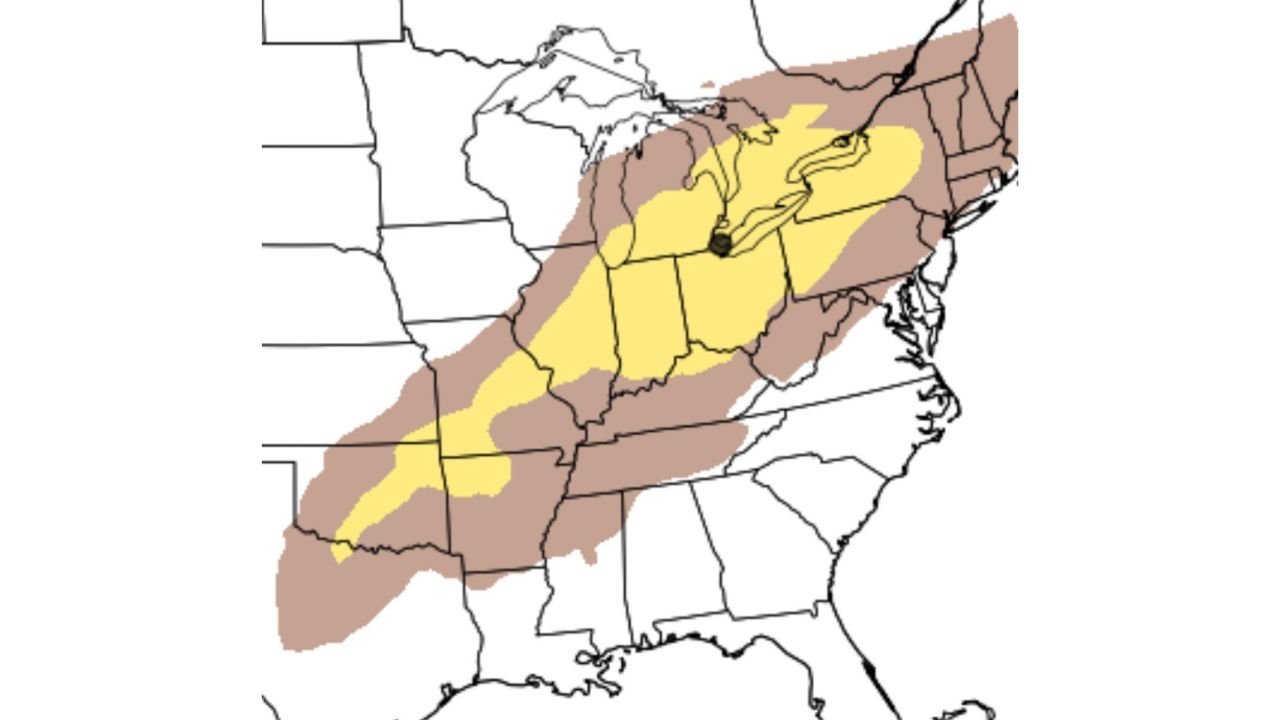 Michigan, Indiana and Ohio Are Being Watched for Severe Thunderstorms Tuesday Afternoon and Evening With a Large Storm Corridor Stretching From Arkansas Into Pennsylvania