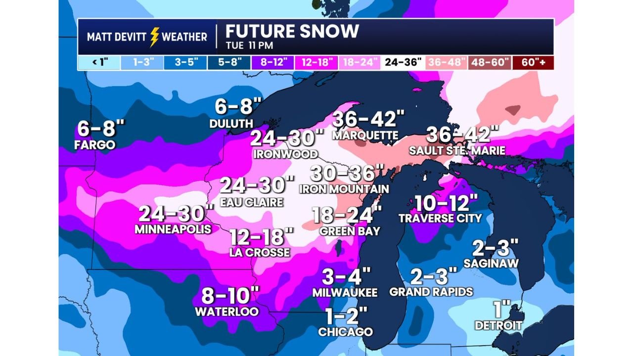Michigan and Wisconsin Brace for Potential 30 to 40 Inch Blizzard Totals as Marquette and Sault Ste. Marie Face 36 to 42 Inches While Chicago, Illinois Sees Minimal Snow