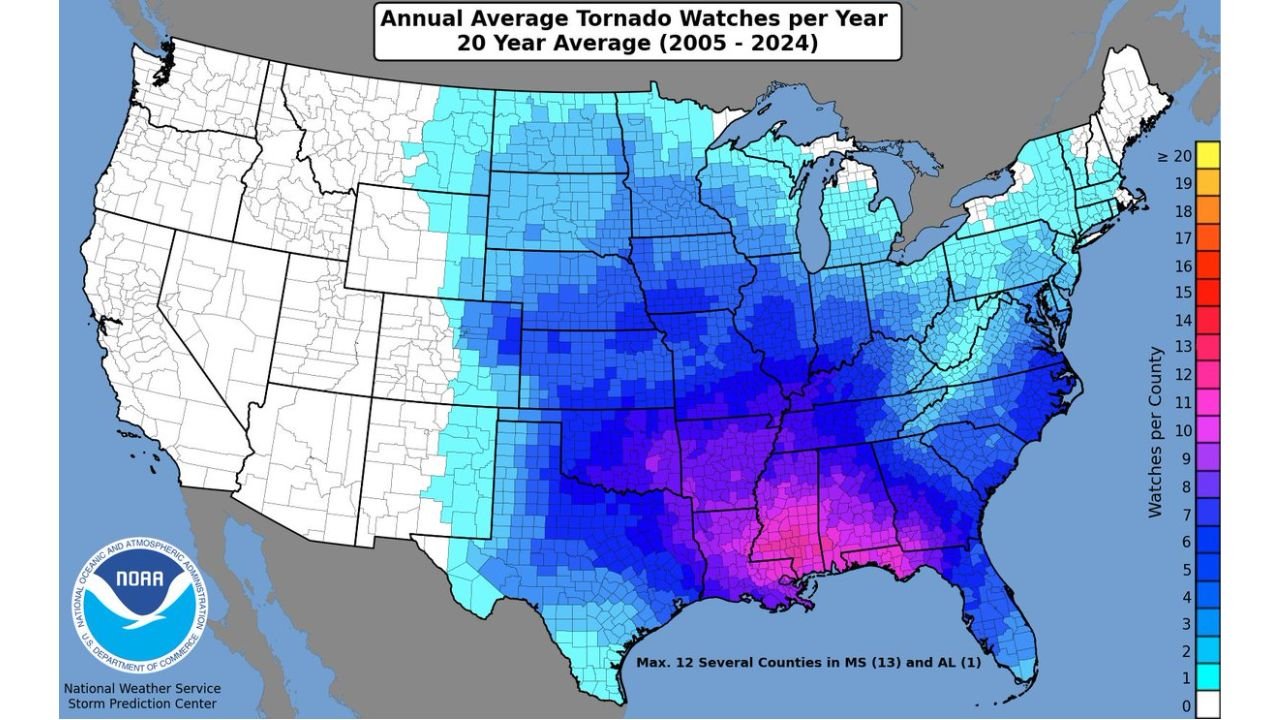 Mississippi and Alabama Lead U.S. Tornado Watch Averages as Gulf Coast States See Highest Severe Weather Frequency