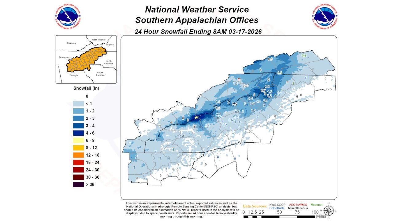 North Carolina, Tennessee and Virginia Mountains See Snowfall Surge Up to 7+ Inches as Late-Season Band Sweeps Southern Appalachians