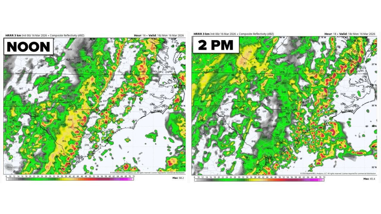North Carolina and South Carolina Brace for Earlier Arriving Severe Line With 60 to 70 MPH Wind Threat From Charlotte to Raleigh and Columbia Monday