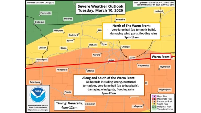 Northwest Illinois to Northern Indiana Under Significant Tornado Risk Tuesday as Warm Front Targets Rockford, Chicago, and Gary Through Midnight