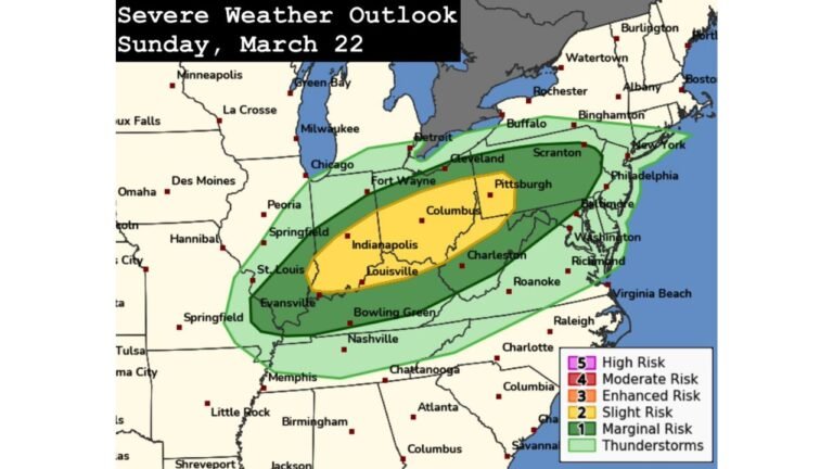 Ohio, Indiana, Kentucky, Pennsylvania, and West Virginia Under Slight Risk as Sunday Storm System Targets Areas Along the Ohio River