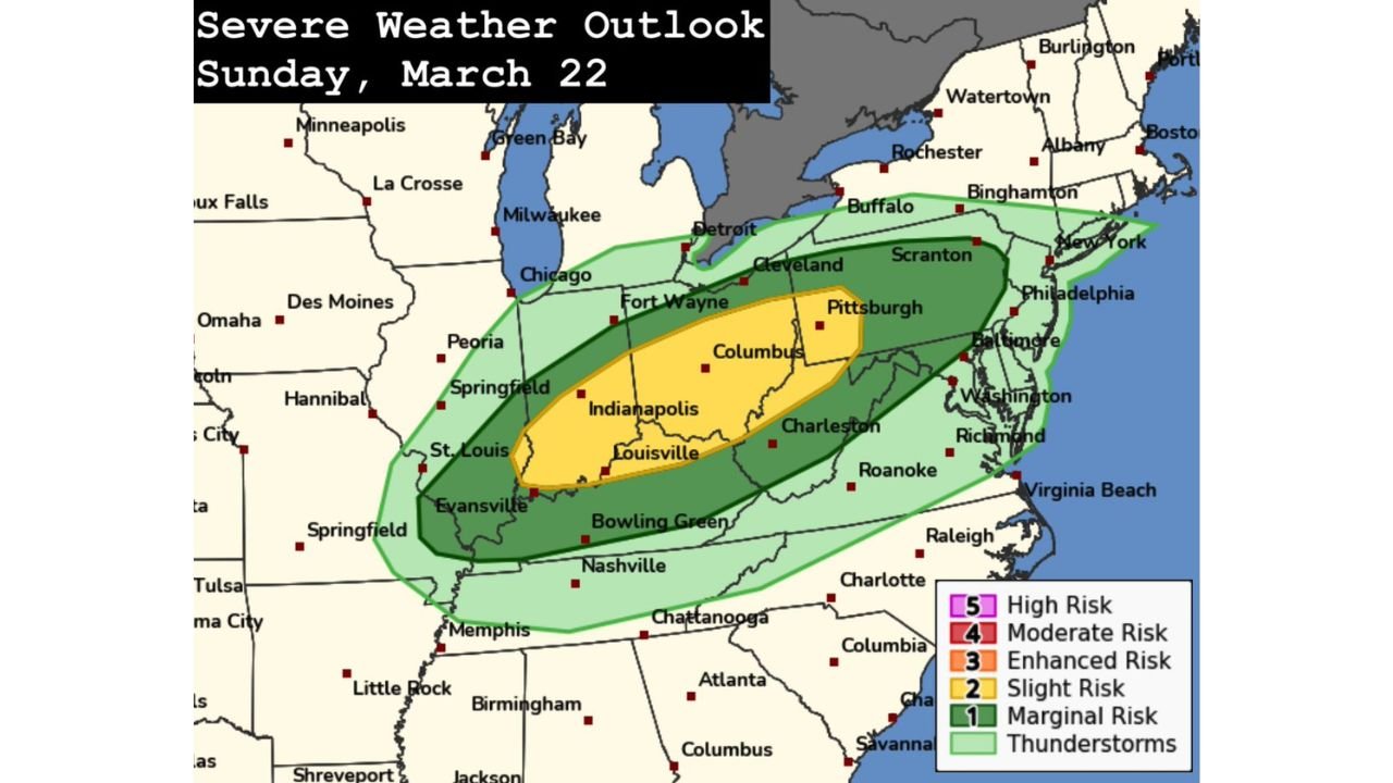 Ohio, Indiana, Kentucky, Pennsylvania, and West Virginia Under Slight Risk as Sunday Storm System Targets Areas Along the Ohio River