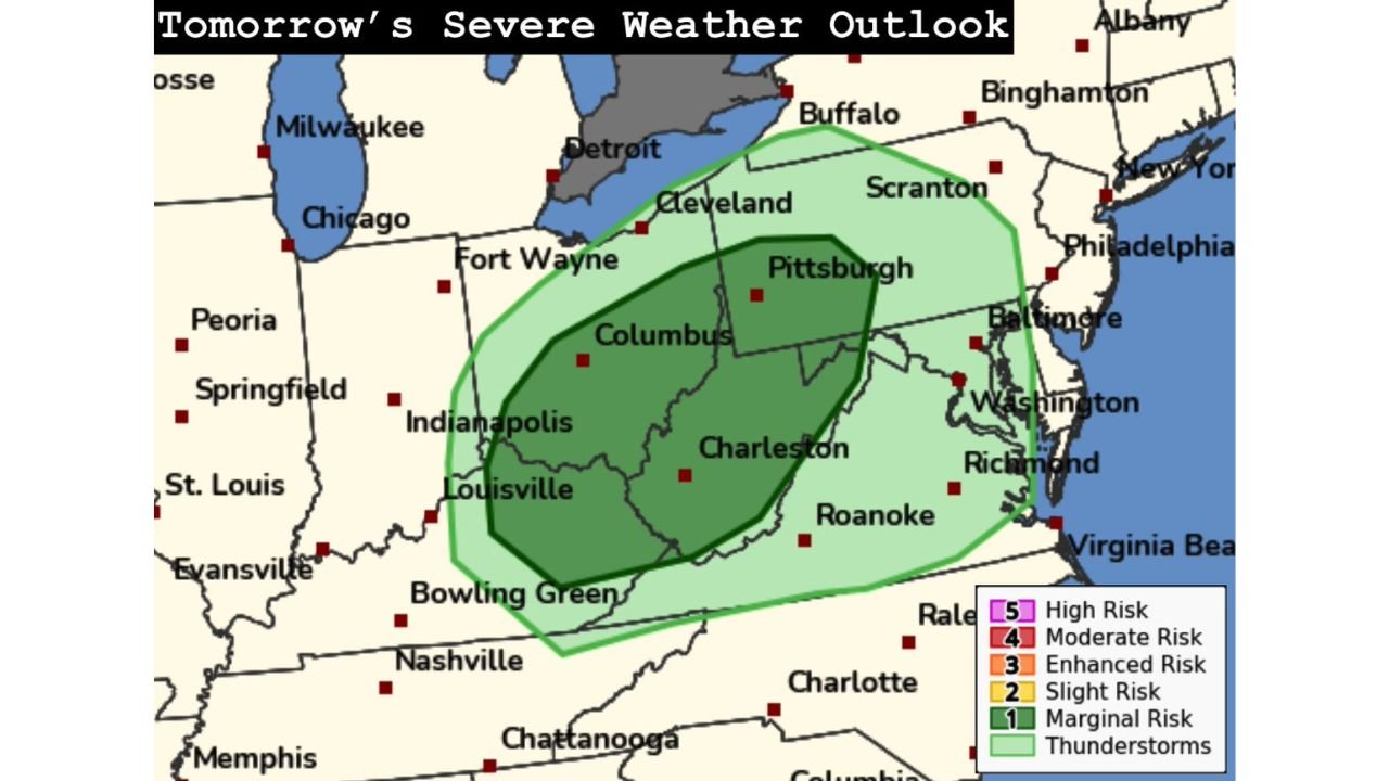 Ohio, Pennsylvania, West Virginia, Kentucky and Virginia Under Marginal Severe Risk as Cold Front Brings Low-End Tornado Threat to Mid-Upper Ohio Valley