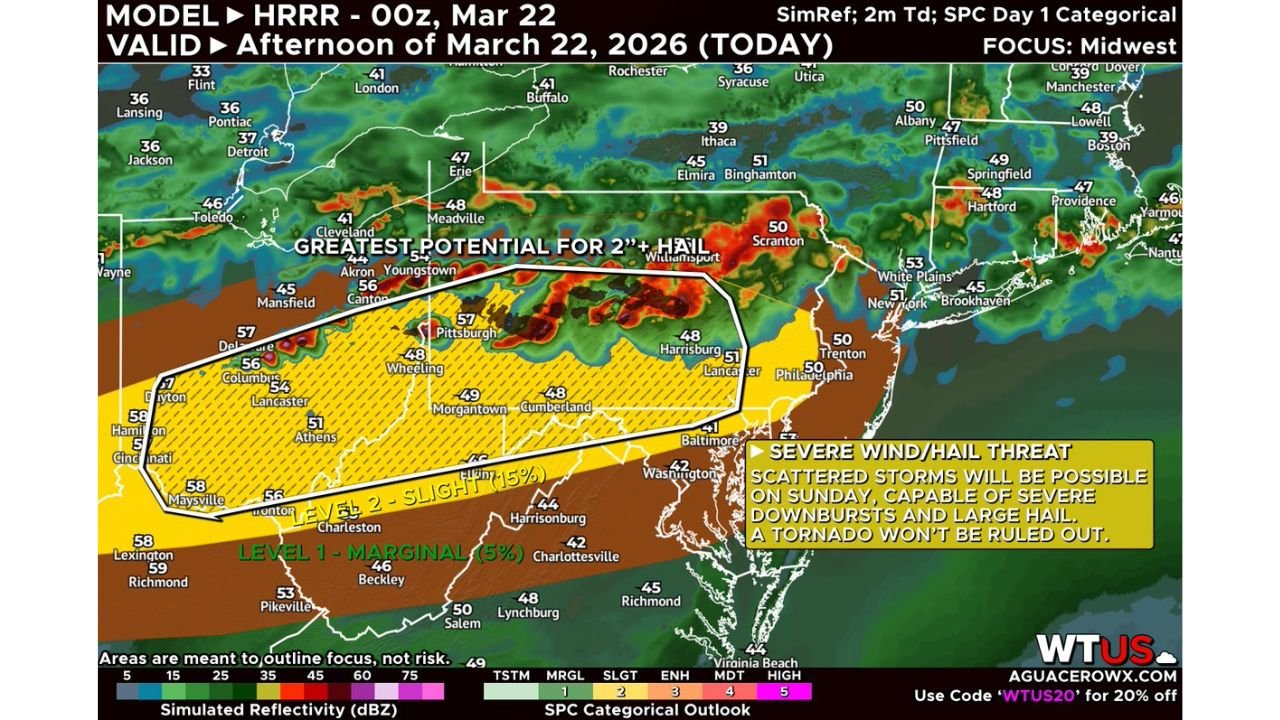 Ohio, Pennsylvania, West Virginia and Maryland in Bullseye for 2”+ Hail as Pittsburgh, Columbus, and Harrisburg Face Robust Midwest–Mid-Atlantic Severe Threat