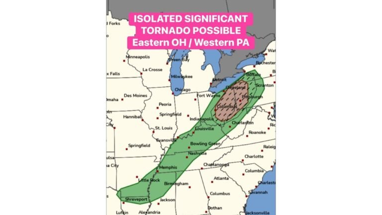 Ohio and Pennsylvania Tornado Threat Today as Eastern Ohio and Western Pennsylvania Face Risk of an Isolated Significant Tornado