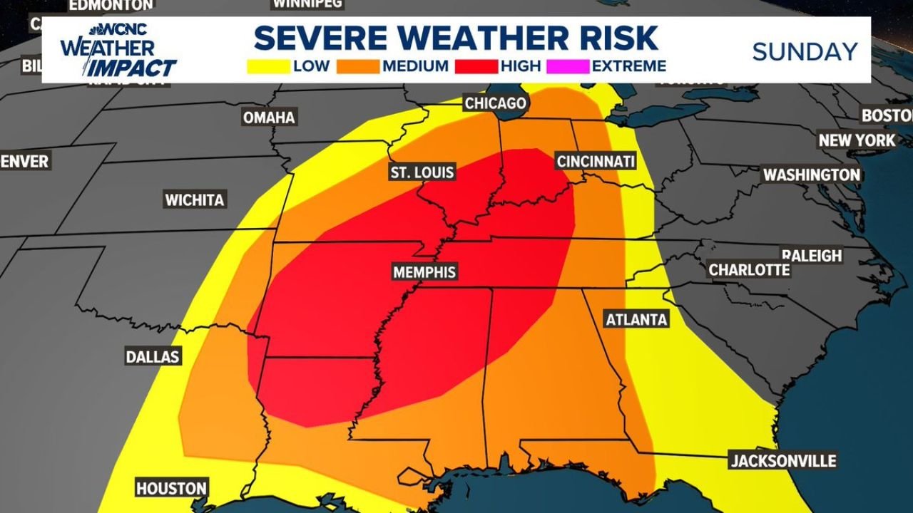 Powerful Sunday–Monday Severe Storm Threat Targets Chicago, St. Louis, Memphis and Charlotte as High Wind Risk and Isolated Tornadoes Loom Along Advancing Front
