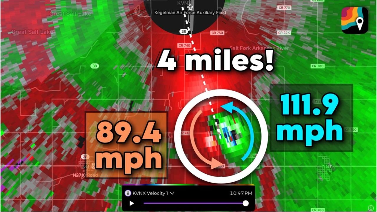 Powerful Tornado Near Nash, Oklahoma Nearly Strikes KVNX Radar as 200 MPH Wind Shear Suggests Possible EF3 Strength