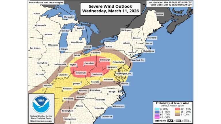 SPC Upgrades Midwest and Northeast to 30% Severe Wind Risk Wednesday as Damaging Gusts Target Ohio Valley to Mid-Atlantic