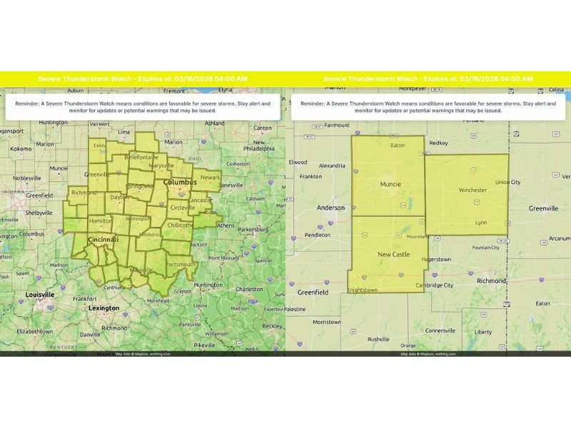 Severe Thunderstorm Watch Until 4 AM Monday Covers Central Ohio Including Columbus and Cincinnati Plus Parts of Indiana and Northern Kentucky