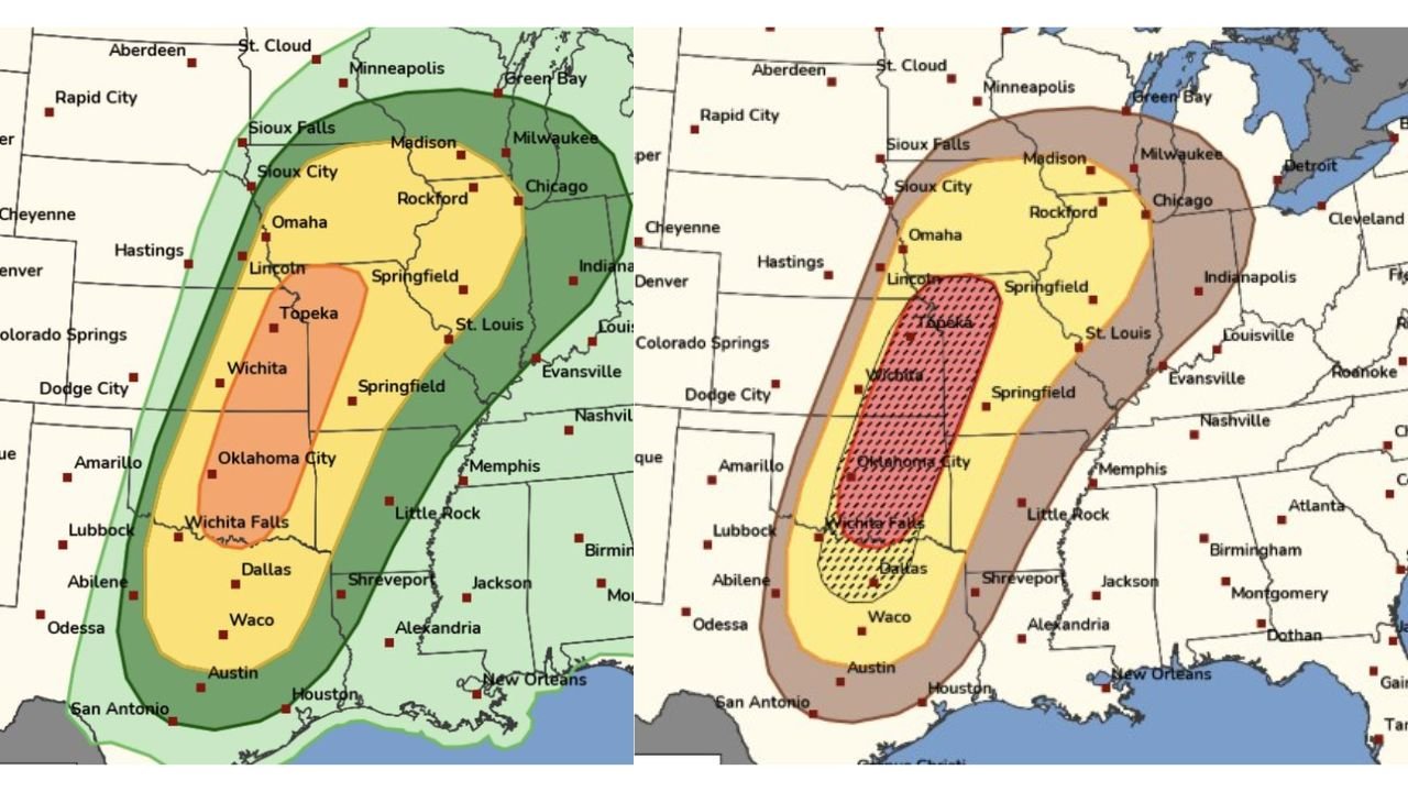 Severe Weather Alert: Enhanced Risk for Tornadoes, Giant Hail, and 60+ MPH Winds From Texas and Oklahoma to Missouri and Illinois Friday