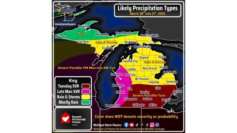 Southern and Central Michigan Face Strong to Severe Storm Threat Late Monday Into Tuesday March 30 and 31 as Warm Airmass Pushes North Through Grand Rapids, Lansing and Detroit